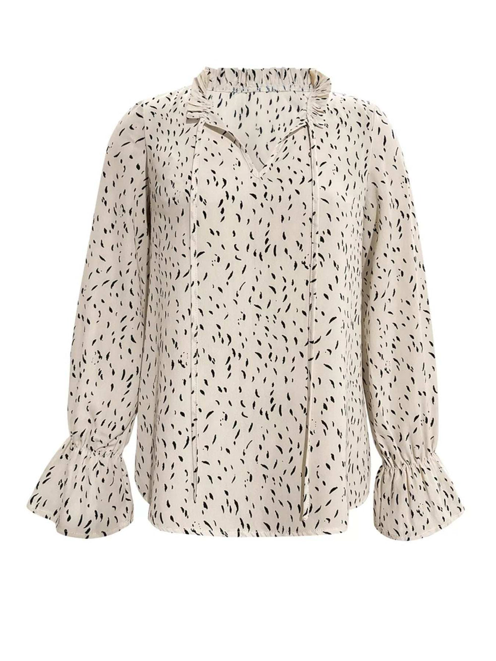 Ruffled Printed Tie Neck Long Sleeve Blouse - Trendsi - Flyclothing LLC
