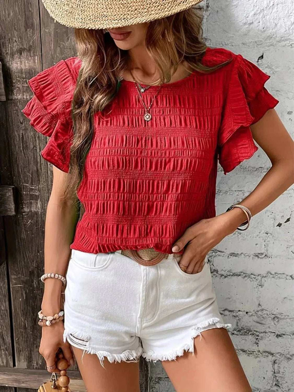 Round Neck Ruffled Short Sleeve Top - Trendsi - Flyclothing LLC