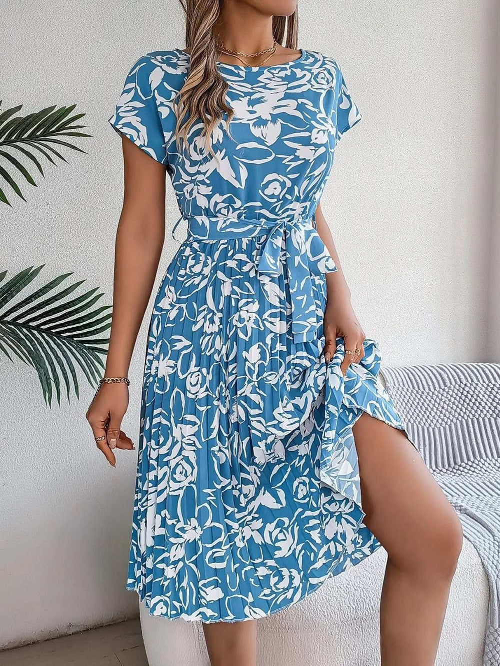 Tied Pleated Printed Short Sleeve Dress - Trendsi - Flyclothing LLC