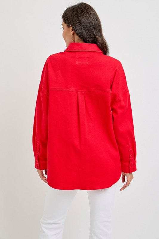 RISEN Button Down Long Sleeve Denim Shacket with Chest Pockets - Trendsi - Flyclothing LLC