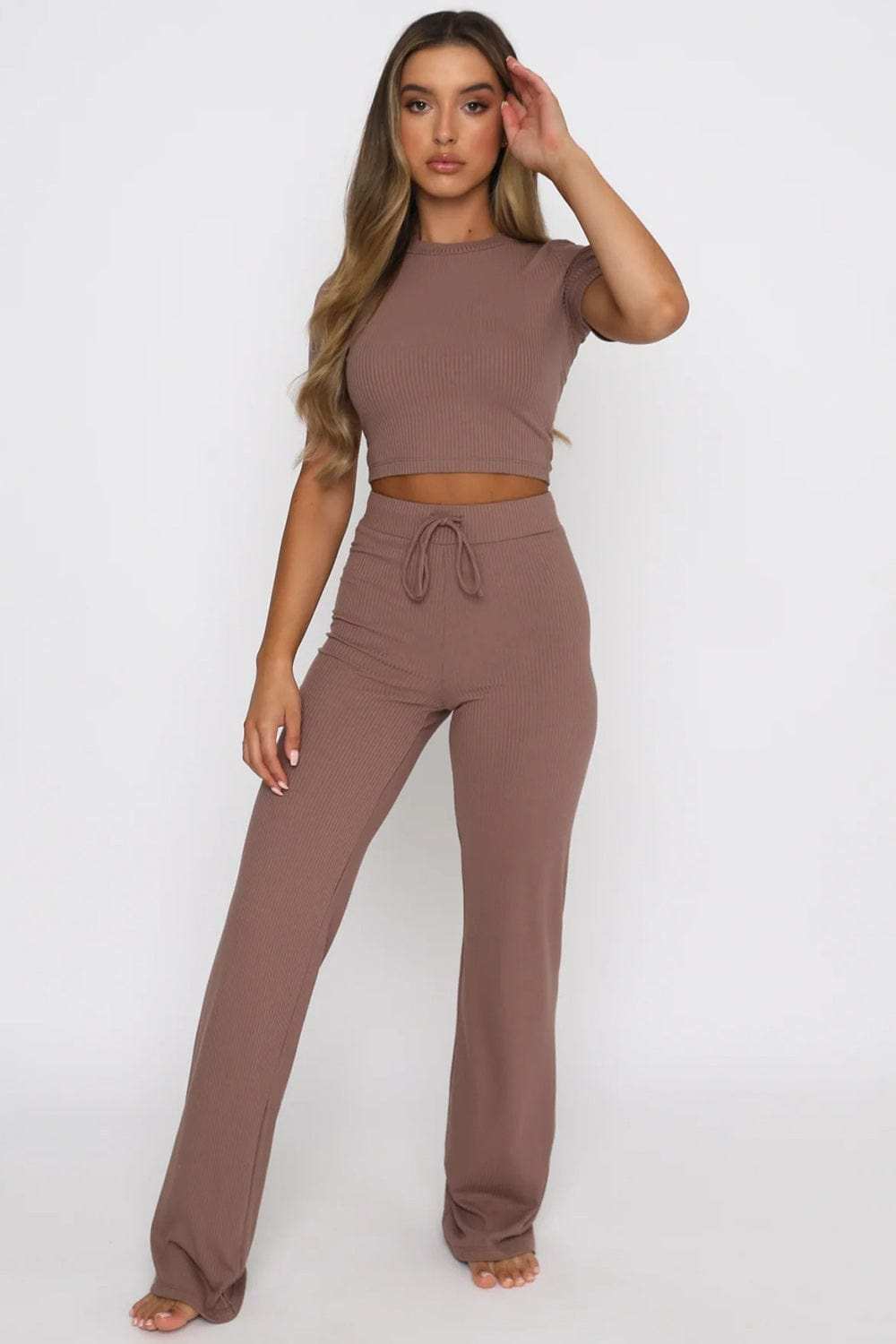 Round Neck Short Sleeve Top and Pants Set - Trendsi - Flyclothing LLC