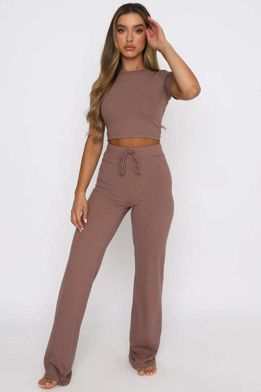 Round Neck Short Sleeve Top and Pants Set - Trendsi - Flyclothing LLC
