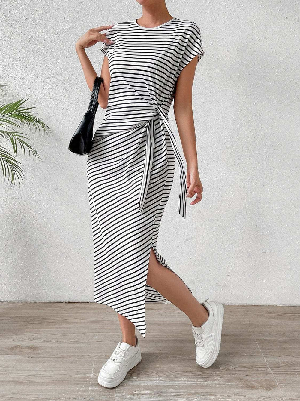 Tied Striped Round Neck Short Sleeve Tee Dress - Trendsi - Flyclothing LLC