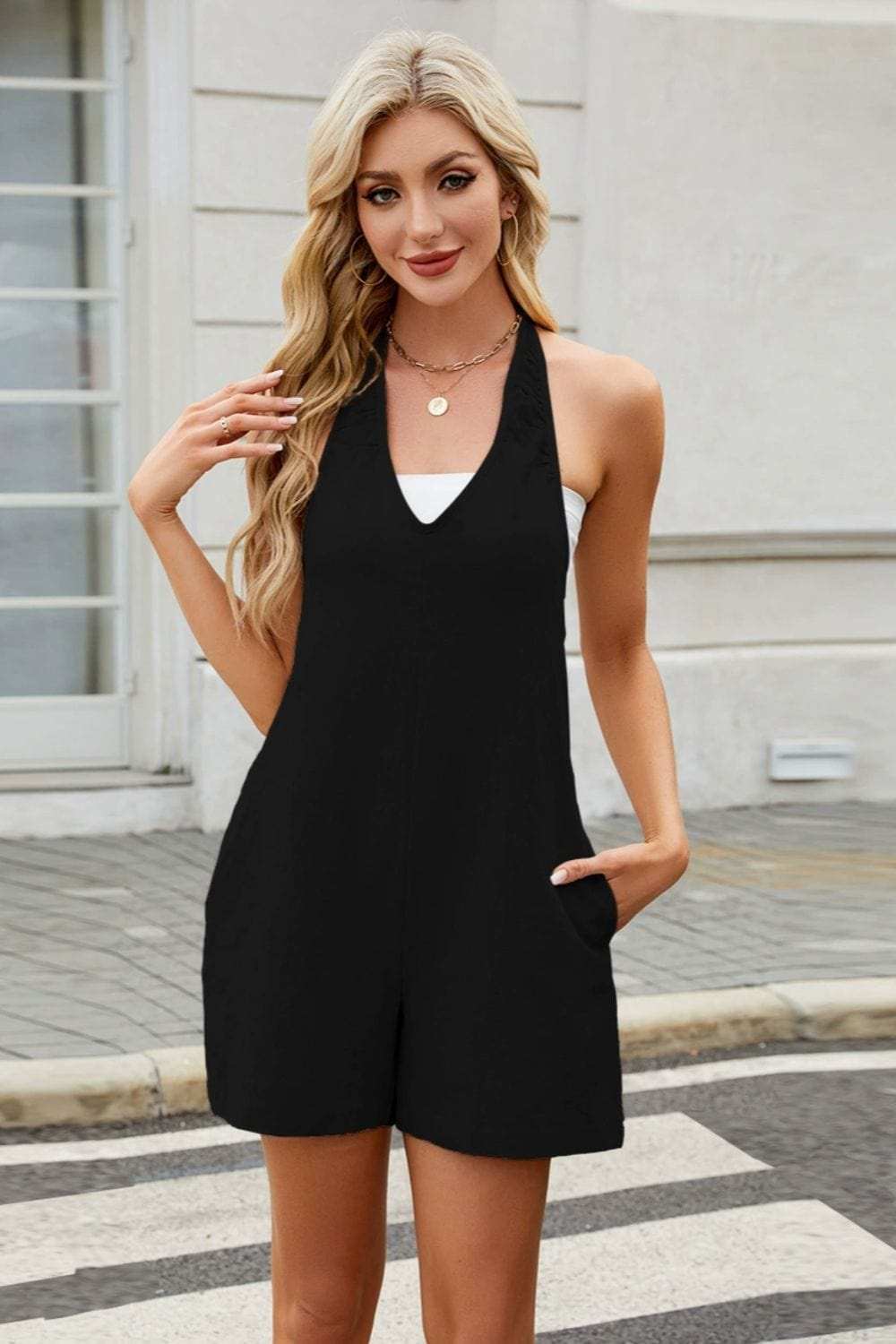 V-Neck Halter Neck Romper - Trendsi - Flyclothing LLC