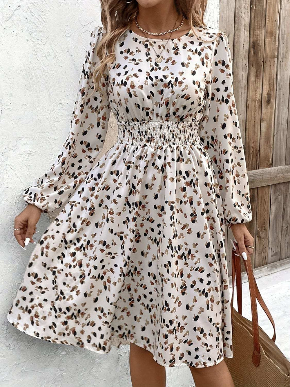 Printed Round Neck Long Sleeve Dress - Trendsi - Flyclothing LLC