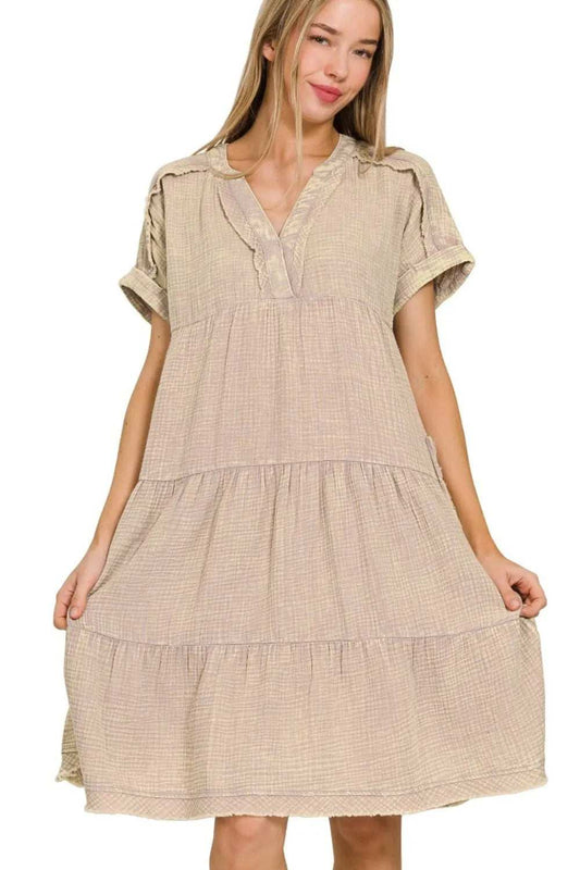 Zenana Washed Double Gauze Raw Edge Notched Dress - Trendsi - Flyclothing LLC