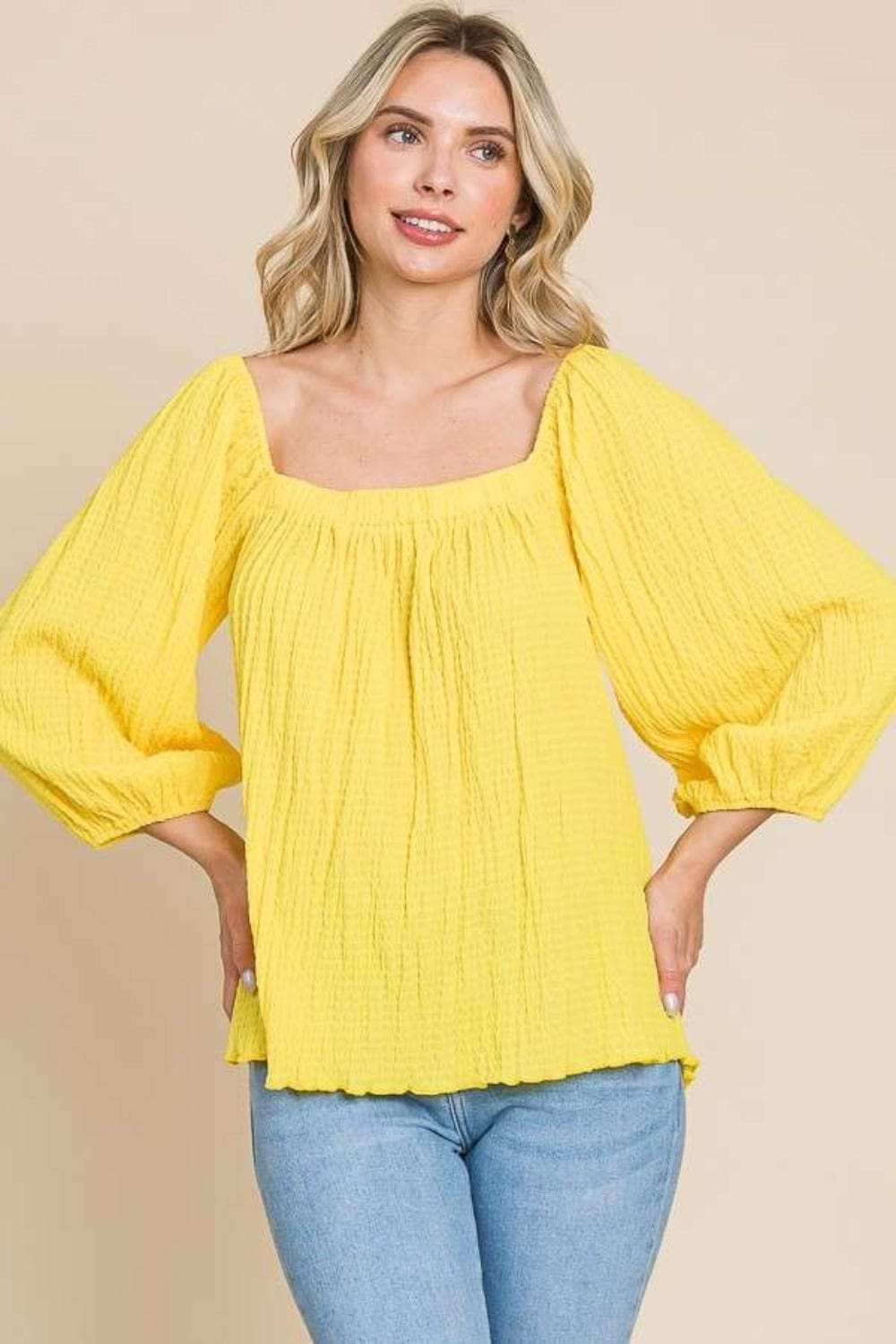 Culture Code Texture Square Neck Puff Sleeve Top - Trendsi - Flyclothing LLC