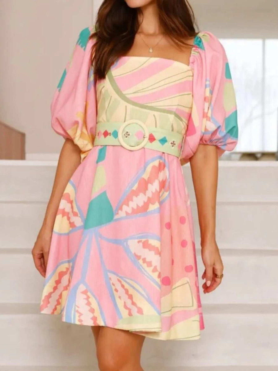 Colorful Print Belted Mini Dress with Puff Sleeves - Trendsi - Flyclothing LLC