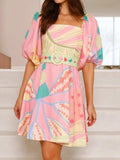 Colorful Print Belted Mini Dress with Puff Sleeves - Trendsi - Flyclothing LLC