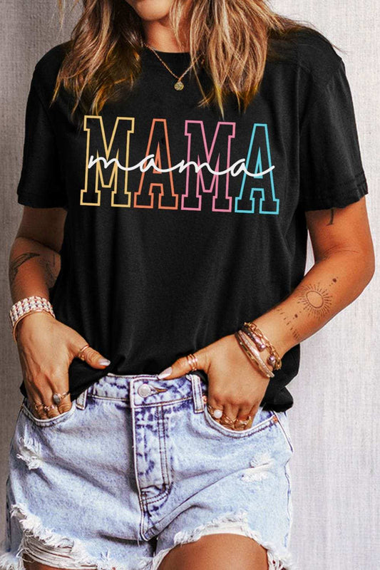 MAMA Round Neck Short Sleeve T-Shirt - Trendsi - Flyclothing LLC