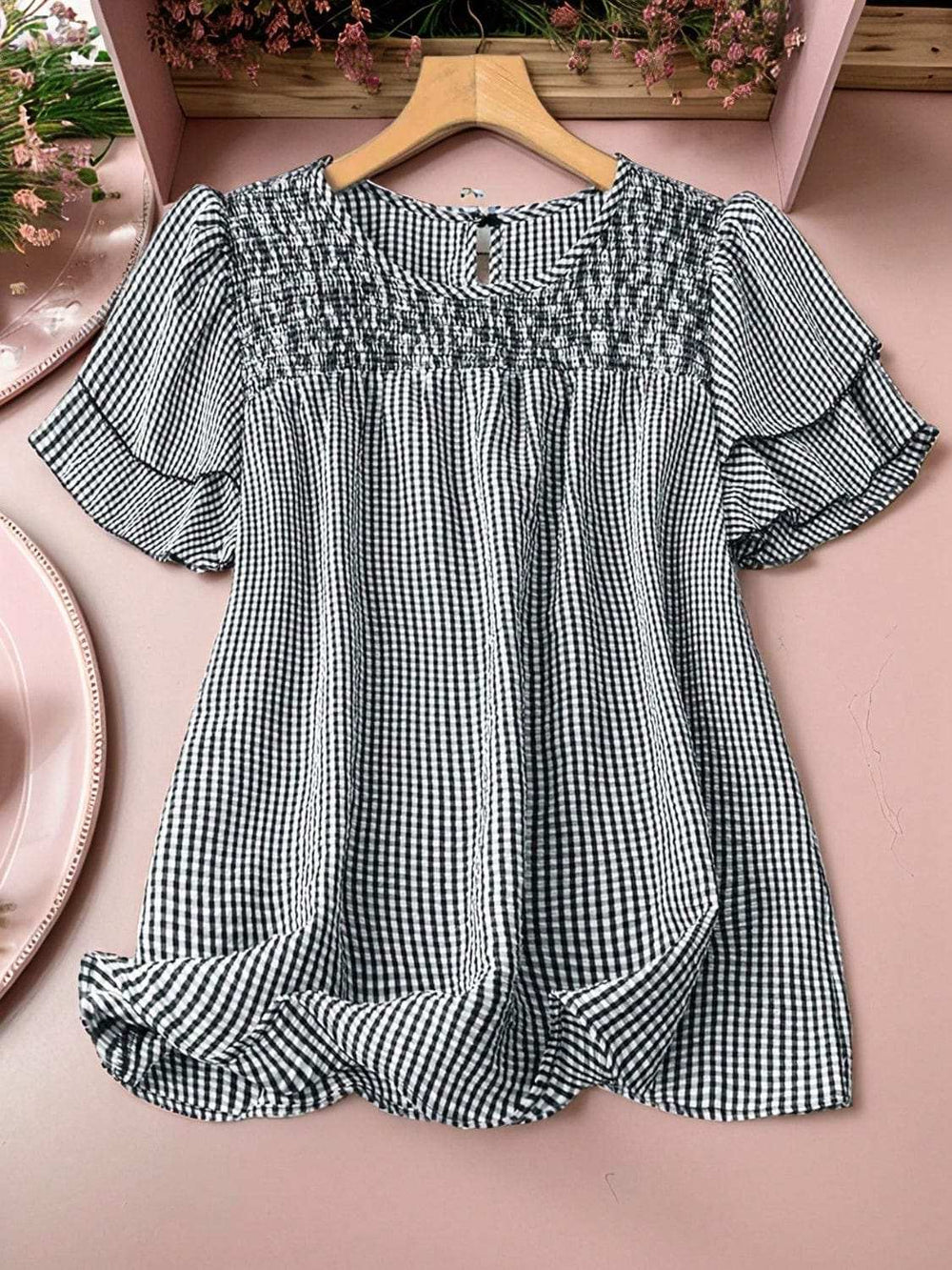 Smocked Plaid Round Neck Layered Short Sleeve Blouse - Trendsi - Flyclothing LLC