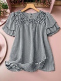 Smocked Plaid Round Neck Layered Short Sleeve Blouse - Trendsi - Flyclothing LLC