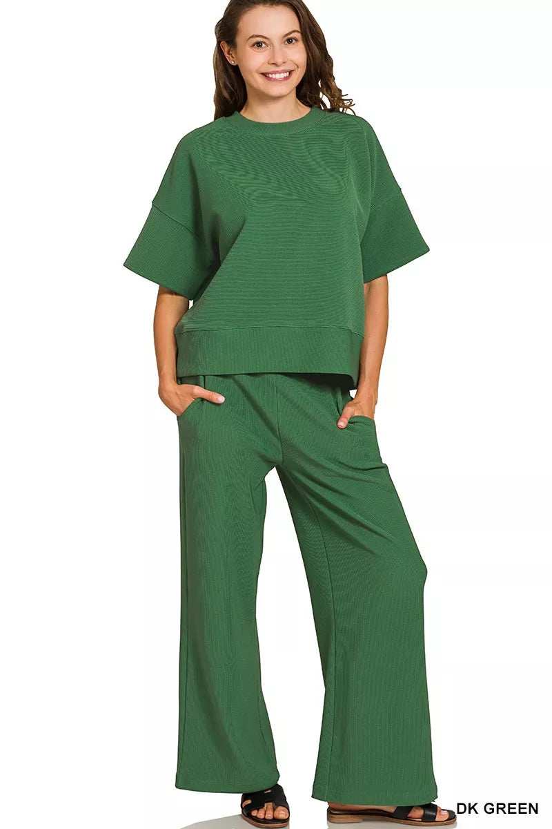 Zenana Ribbed Round Neck Tee & Pants Set - Trendsi - Flyclothing LLC