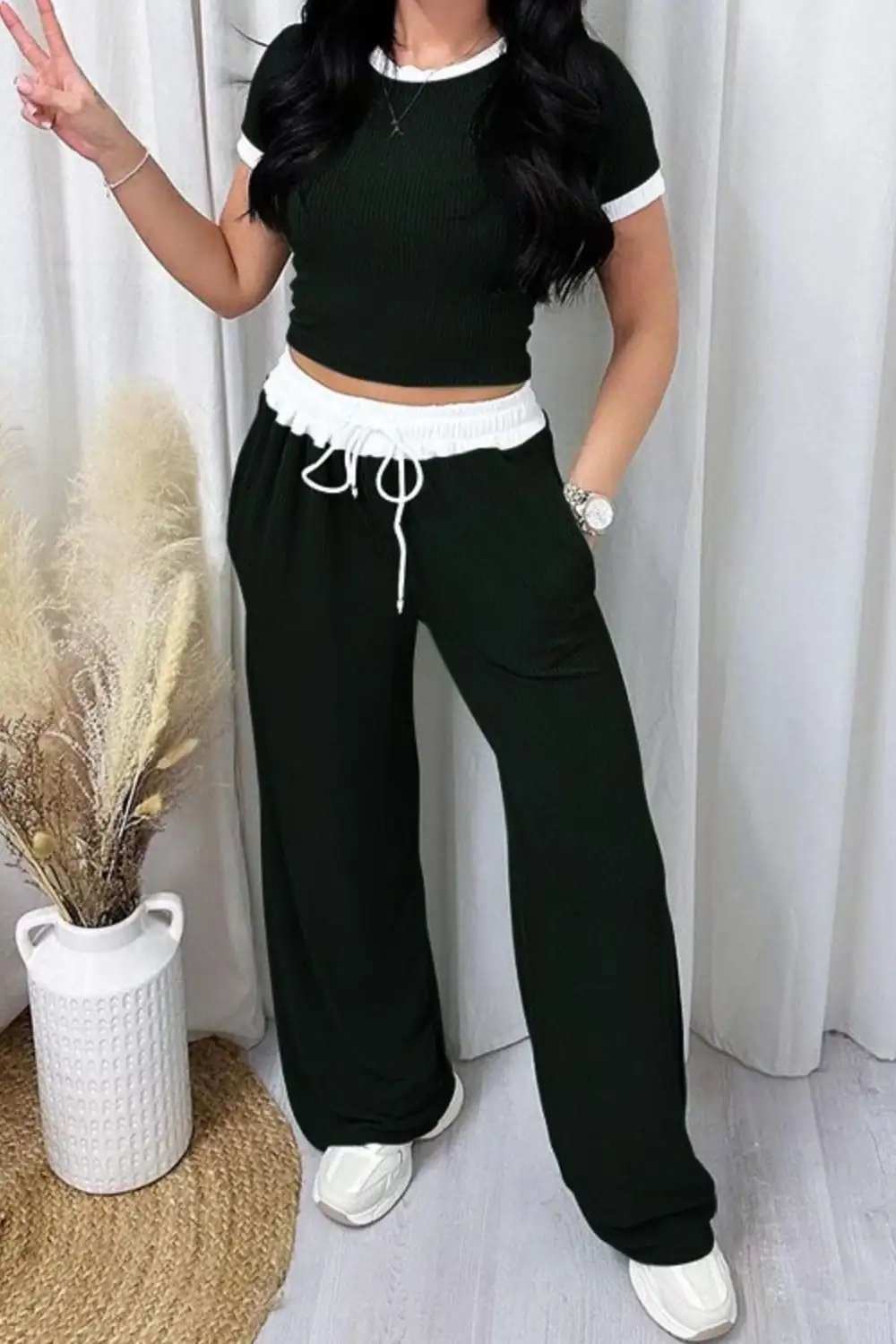 Contrast Trim Round Neck Top and Pants Set - Trendsi - Flyclothing LLC