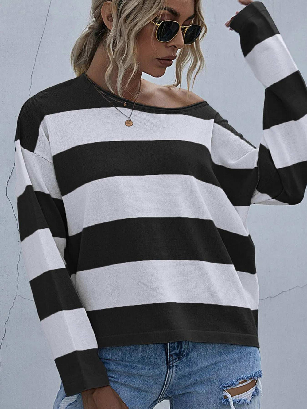 Striped Casual Long Sleeve Knit Top - Trendsi - Flyclothing LLC