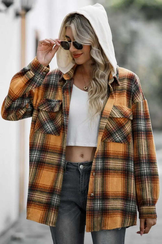 Drawstring Plaid Long Sleeve Hooded Shacket - Trendsi - Flyclothing LLC