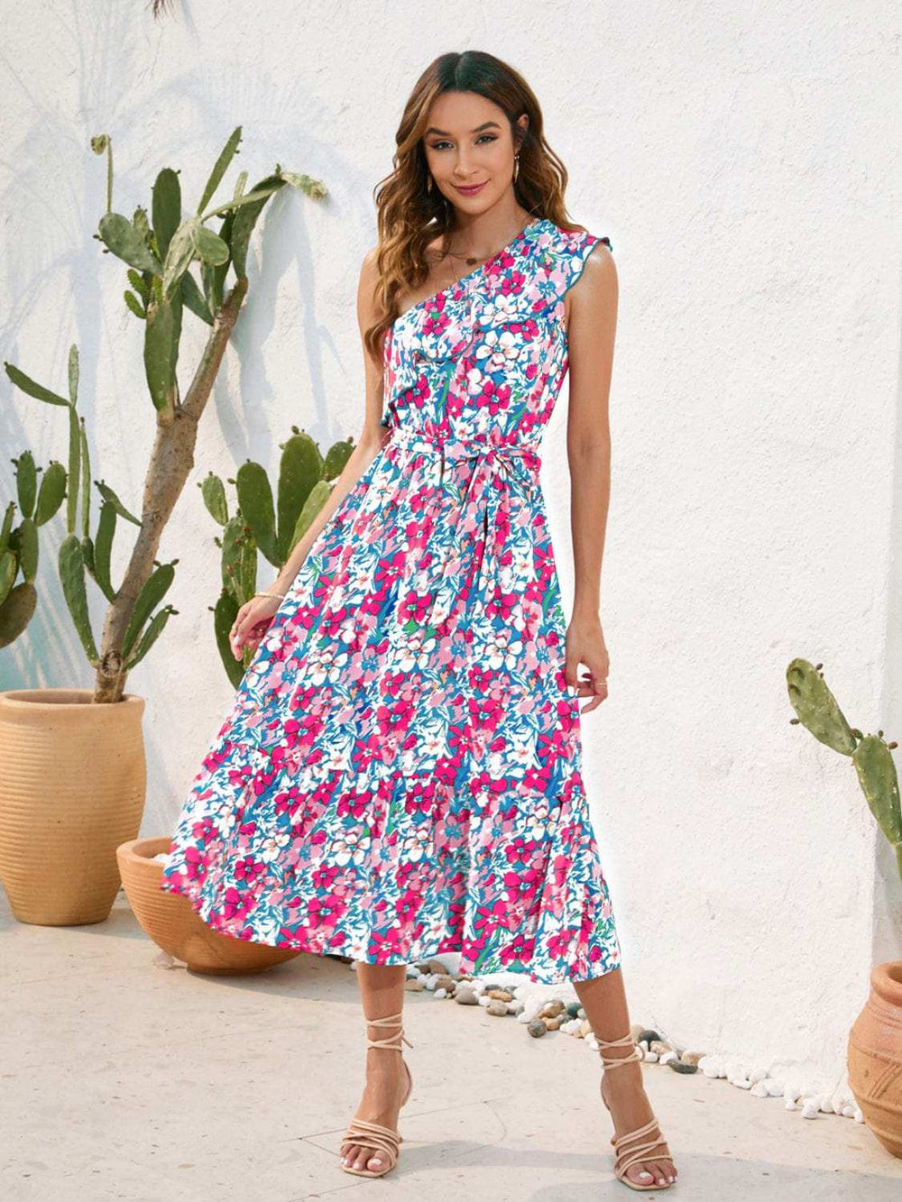 Ruffled Printed One Shoulder Midi Dress - Trendsi - Flyclothing LLC
