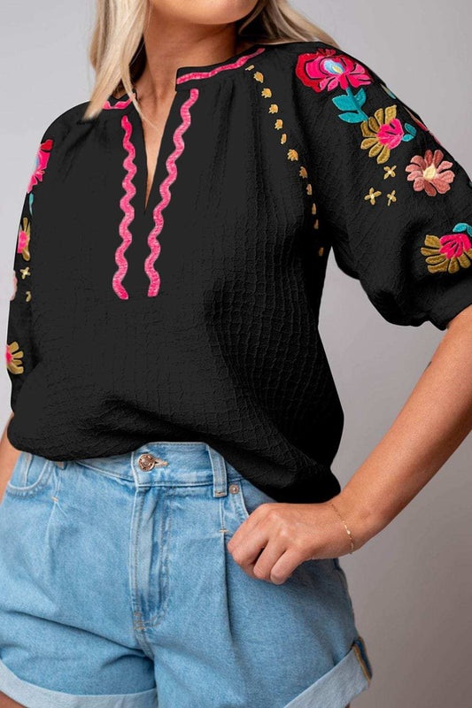 Floral Embroidered Notched Puff Sleeve Blouse - Trendsi - Flyclothing LLC