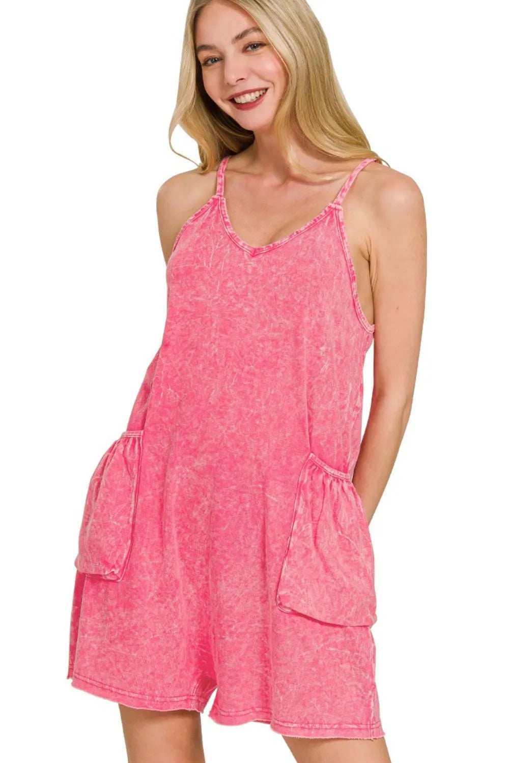 Zenana Acid Crinkle Washed Spaghetti Strap Romper - Trendsi - Flyclothing LLC