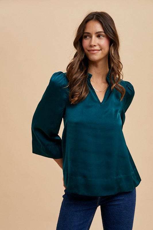 Annie Wear Satin Notched Three-Quarter Sleeve Blouse - Trendsi - Flyclothing LLC