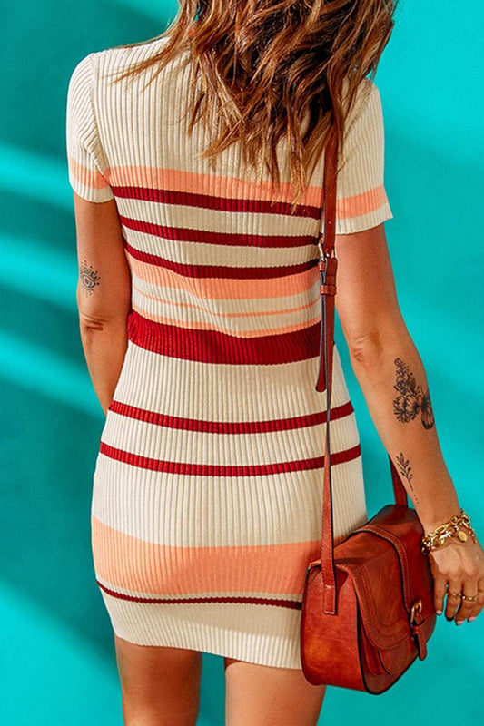 Contrast Striped Johnny Collar Short Sleeve Mini Dress - Trendsi - Flyclothing LLC