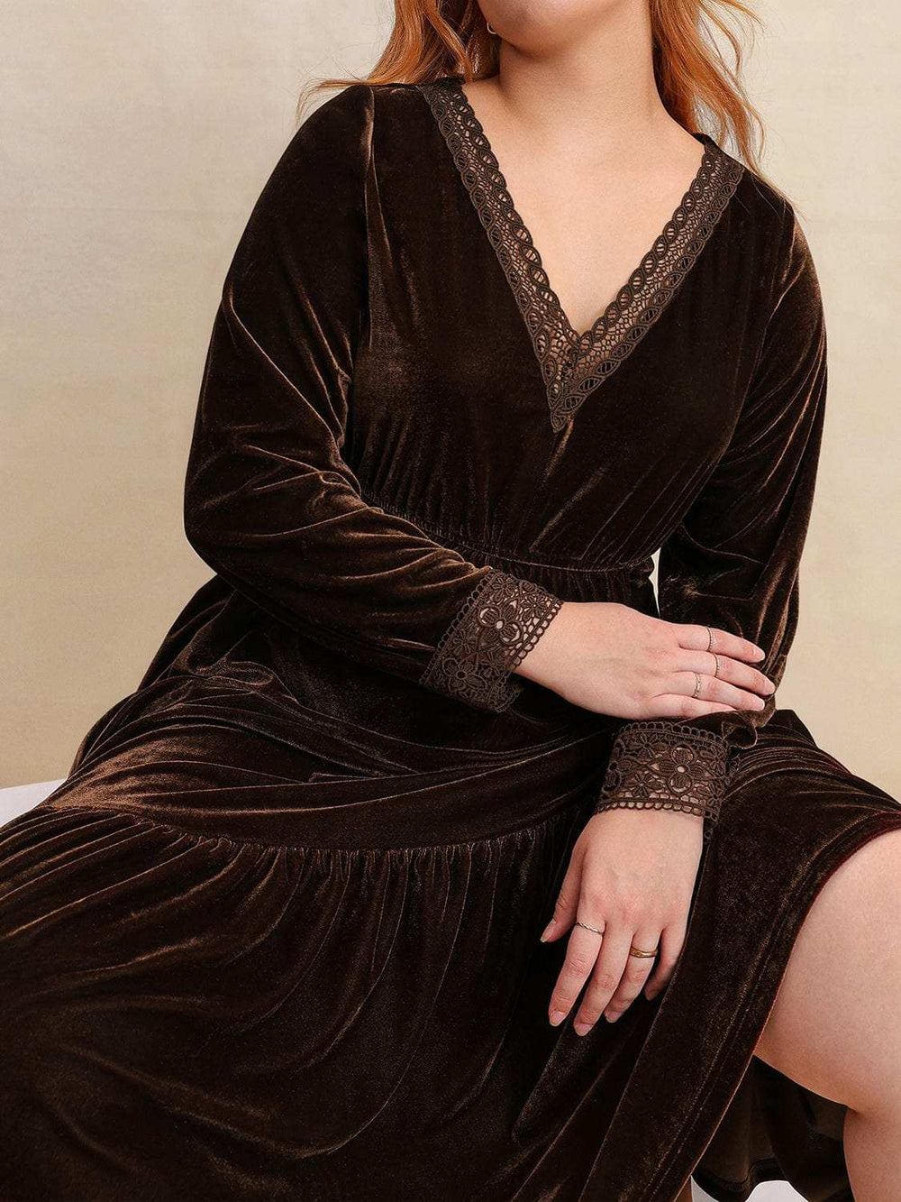 Plus Size Lace Detail V-Neck Long Sleeve Midi Dress - Trendsi - Flyclothing LLC