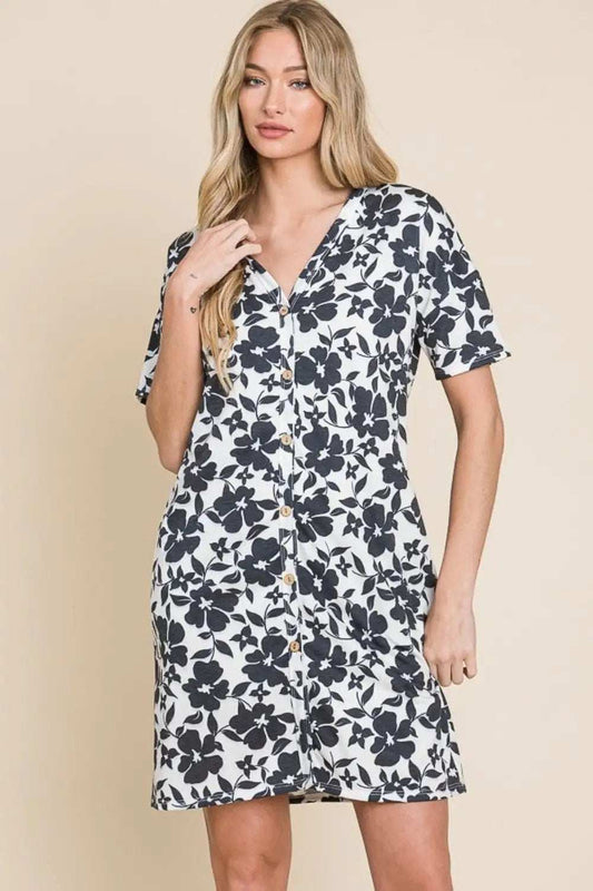 BOMBOM Floral Button Down Mini Dress - Trendsi - Flyclothing LLC