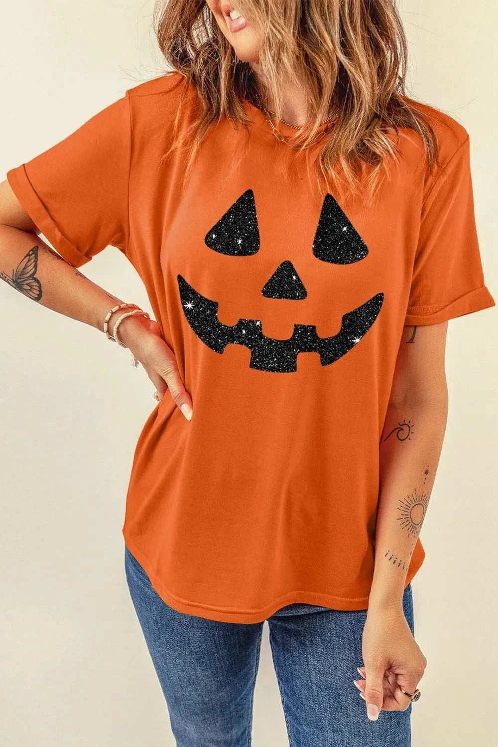 Full Size Glitter Round Neck Short Sleeve T-Shirt - Trendsi - Flyclothing LLC