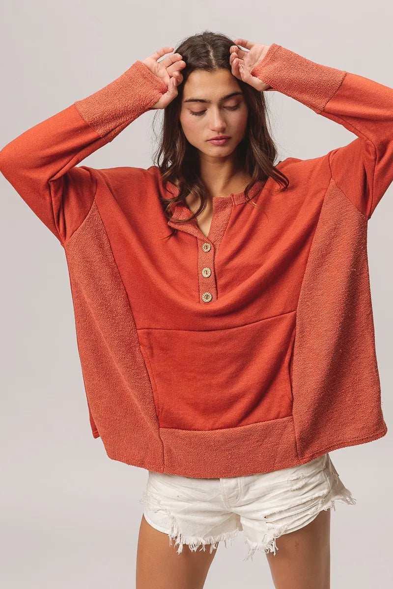 BiBi French Terry Knit Side Block Buttoned Henley Top - Trendsi - Flyclothing LLC