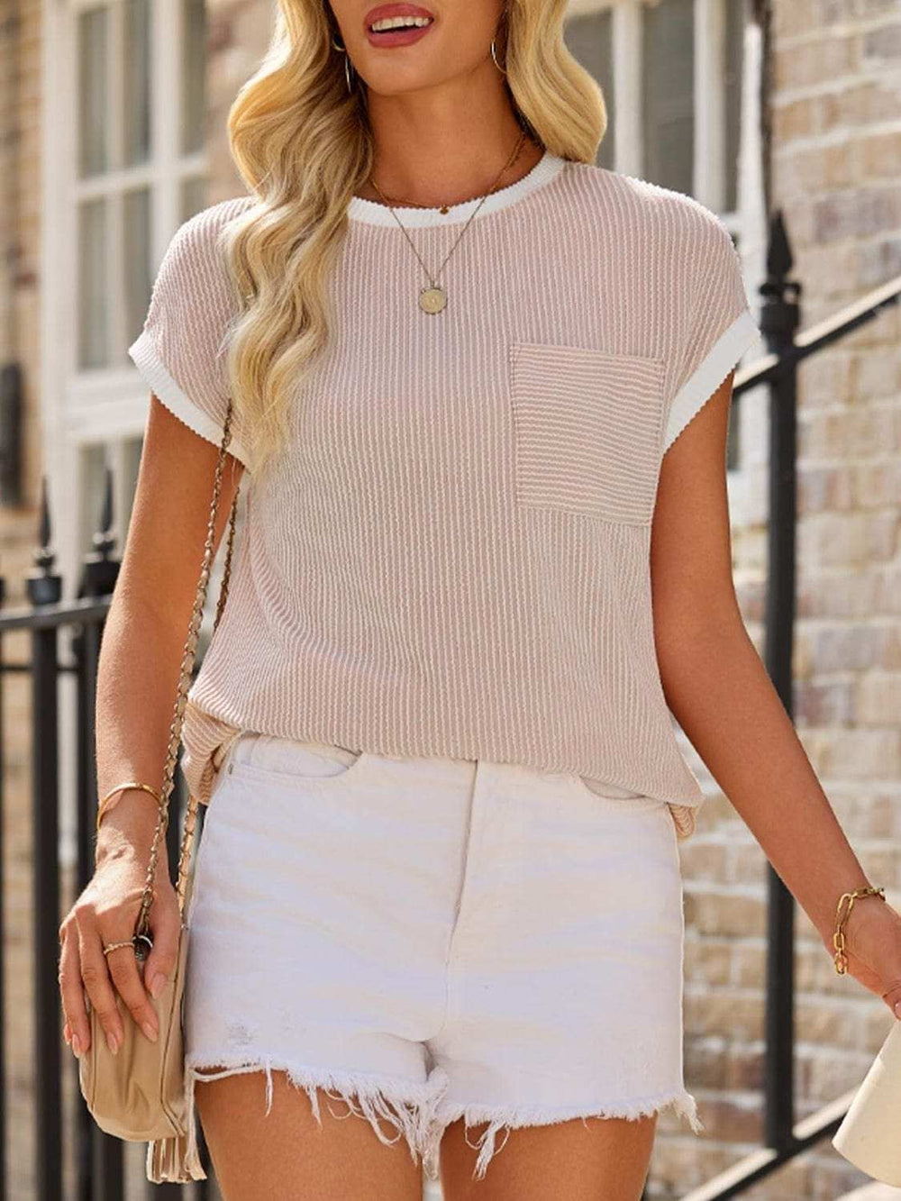 Contrast Trim Round Neck Short Sleeve T-Shirt - Trendsi - Flyclothing LLC