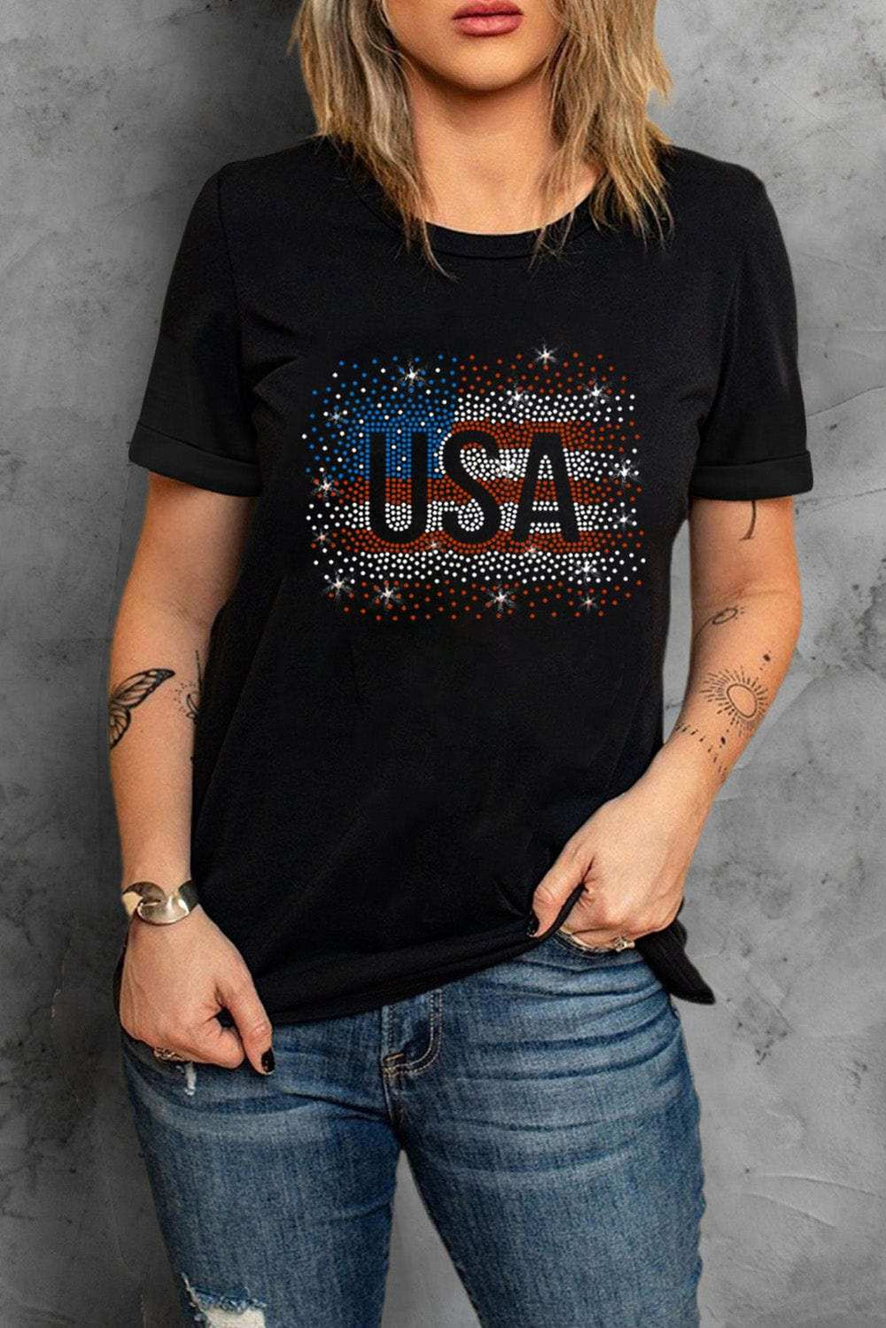 USA Rhinestone Round Neck Short Sleeve T-Shirt - Trendsi - Flyclothing LLC