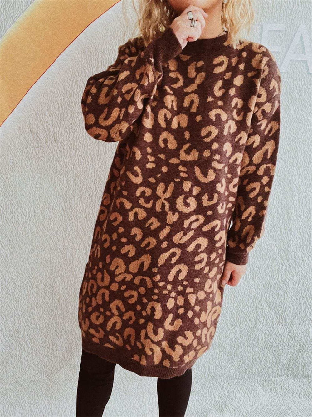 Leopard Round Neck Long Sleeve Sweater - Trendsi - Flyclothing LLC
