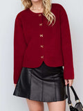 Bow Button Down Round Neck Long Sleeve Cardigan - Trendsi - Flyclothing LLC
