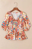 Smocked Printed V-Neck Half Sleeve Blouse - Trendsi - Flyclothing LLC