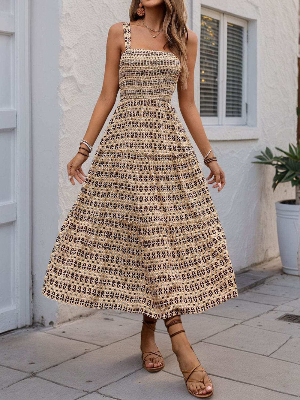 Printed Tiered Wide Strap Midi Dress - Trendsi - Flyclothing LLC