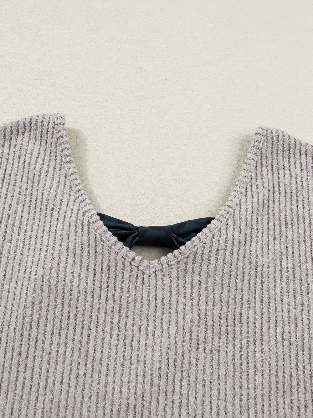 Ribbed V Neck Contrast Ribbon Bow Back Drop Shoulder Long Sleeve Top - Trendsi - Flyclothing LLC