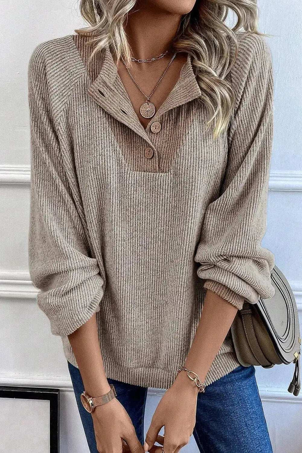 Quarter Buttoned Long Sleeve Blouse - Trendsi - Flyclothing LLC