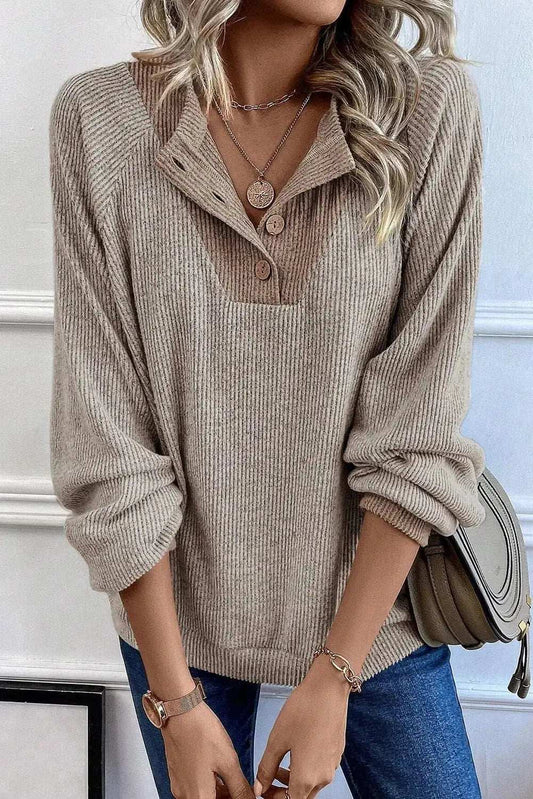 Quarter Buttoned Long Sleeve Blouse - Trendsi - Flyclothing LLC