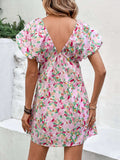 Printed V-Neck Puff Sleeve Mini Dress - Trendsi - Flyclothing LLC