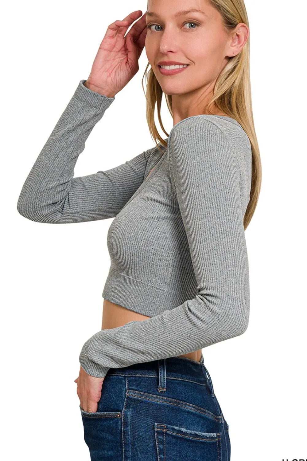 Zenana Seamless Fitted Rib V-neck Long Sleeve Crop Top - Trendsi - Flyclothing LLC