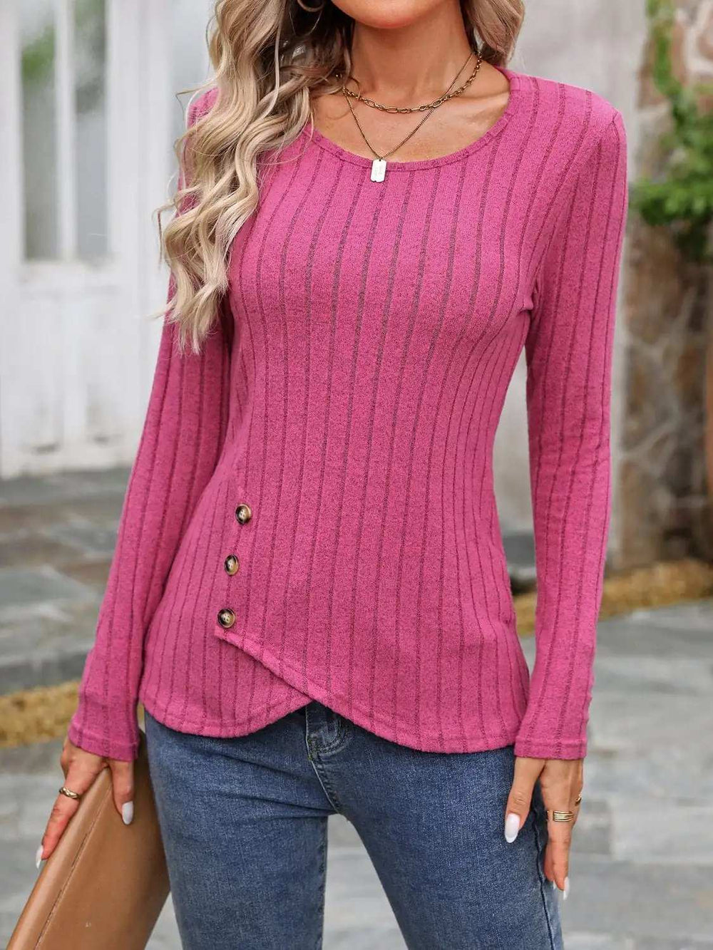 Decorative Button Round Neck Long Sleeve T-Shirt - Trendsi - Flyclothing LLC