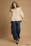 Umgee Bow Print Corduroy Puff Sleeve Blouse with Ruffled - Trendsi - Flyclothing LLC