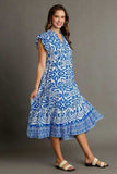 Umgee Full Size Two Tone Border Print Ruffle Cap Sleeve Midi Dress Plus Size - Trendsi - Flyclothing LLC