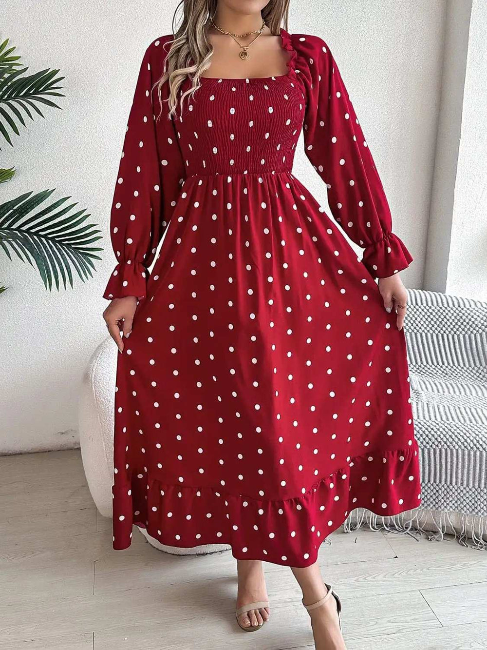 Polka Dot Flounce Sleeve Midi Dress - Trendsi - Flyclothing LLC