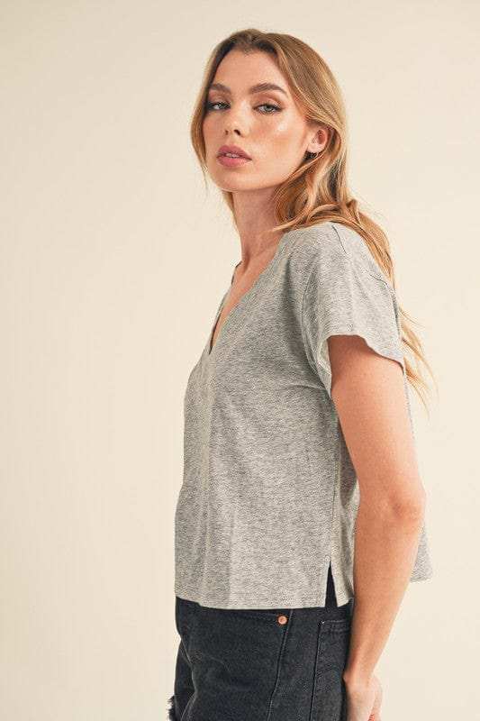 Aemi + Co Side Slit V-Neck Short Sleeve Cropped T-Shirt - Trendsi - Flyclothing LLC