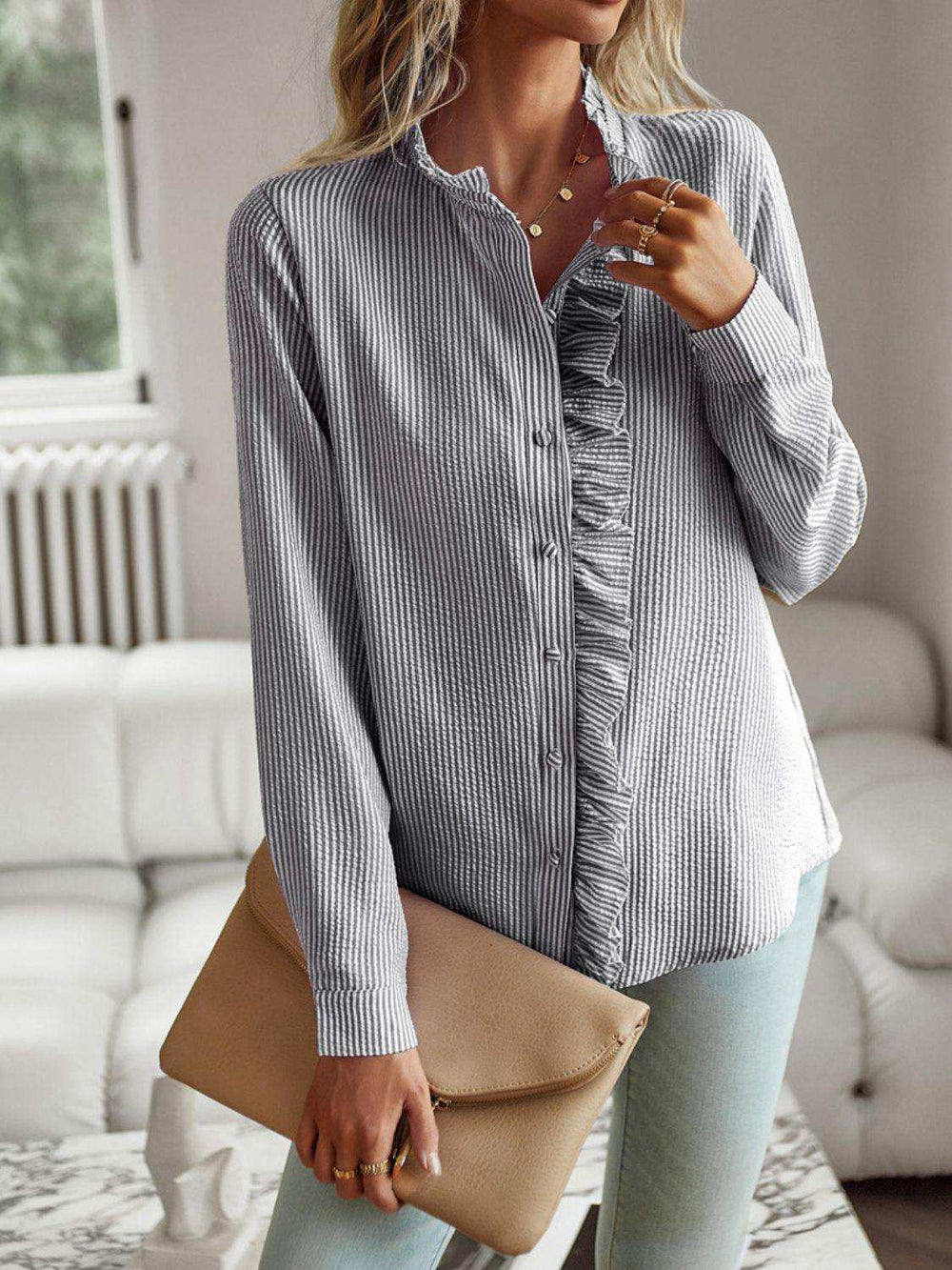Ruffle Trim Long Sleeve Shirt - Trendsi - Flyclothing LLC
