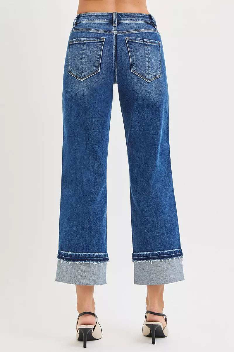 RISEN Mid Rise Ankle Straight Jeans with Cuffed Hem - Trendsi - Flyclothing LLC