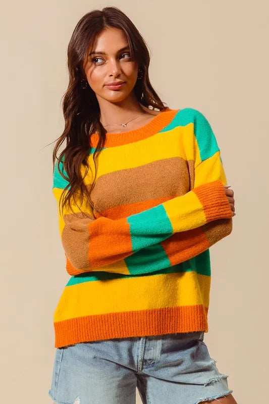 SO ME Multi Color Stripe Sweater with Ribbed Detail - Trendsi - Flyclothing LLC