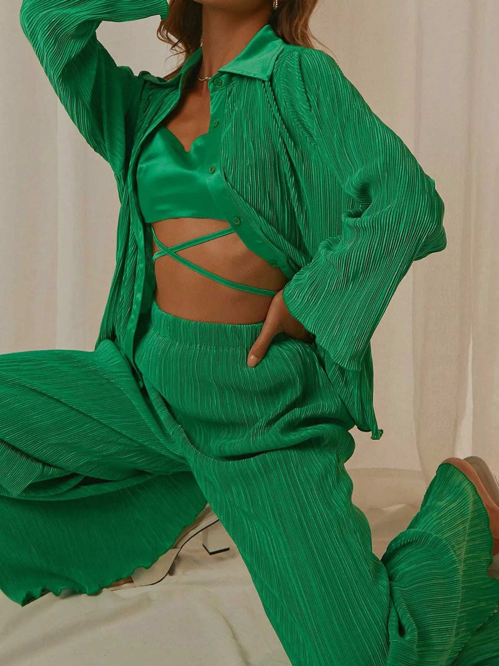 Button Up Long Sleeve Top and Pants Set - Trendsi - Flyclothing LLC