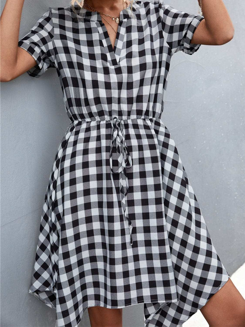 Plaid Notched Short Sleeve Dress - Trendsi - Flyclothing LLC